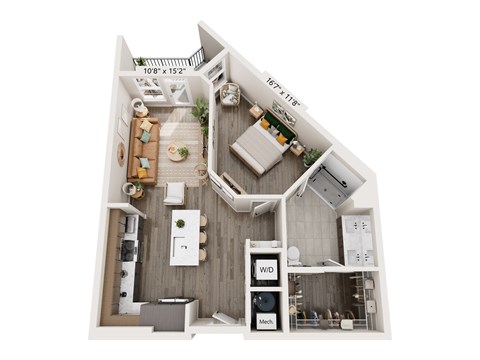 A floor plan of a small apartment with a kitchen, living room, and bathroom.